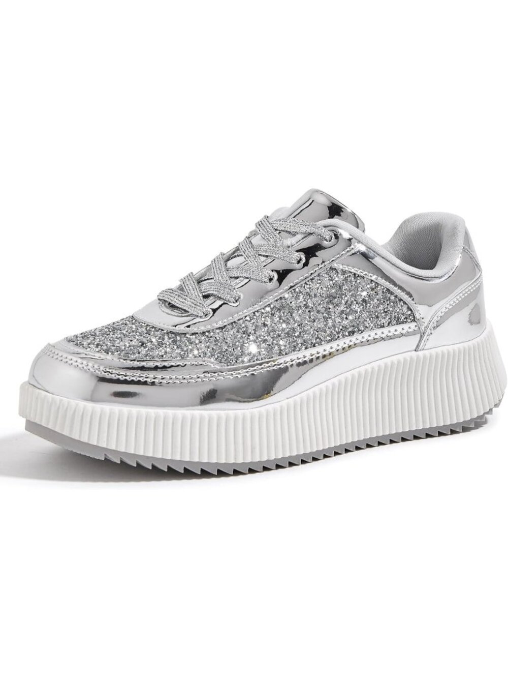 Women's Silver Glit Platform Casual Walking Braided Crochet Lace Up Cute Sneaker